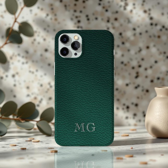 Stylish Green Faux Leather White Monogram Initial Case-Mate iPhone Case (Creator Uploaded)