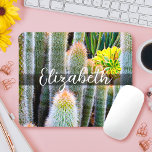 Stylish green fuzzy cacti photo custom name script mouse pad<br><div class="desc">These green, fuzzy orange-tipped cacti will have you dreaming of sunny days and the peaceful atmosphere of a summer’s garden whenever you use this stunning photography custom name mousepad. Makes a great gift for someone special! Just type in the name of your choice and you can easily personalize this custom...</div>