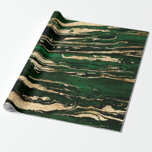 Stylish Green & Gold Abstract Marbleized Paint Wrapping Paper