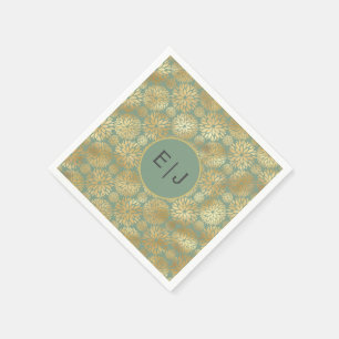 Stylish Green & Gold Dahlias Pattern Monogram Napkin