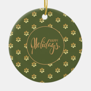 Stylish Green & Gold Daisy Happy Holidays Chrismas Ceramic Ornament