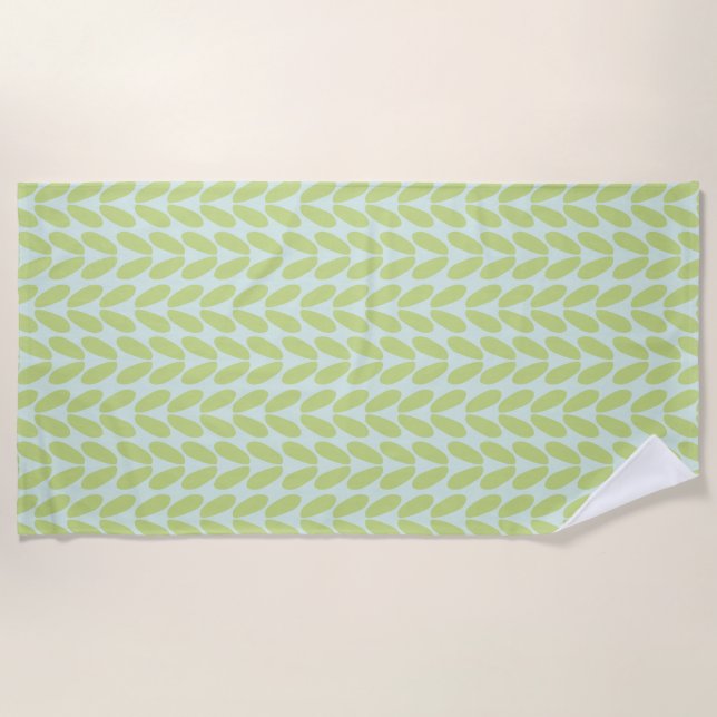 Stylish Green Leaves on Pastel Blue Beach Towel (Front)