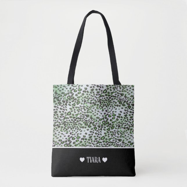 Stylish Green Leopard & Black Colour Personalized Tote Bag (Front)