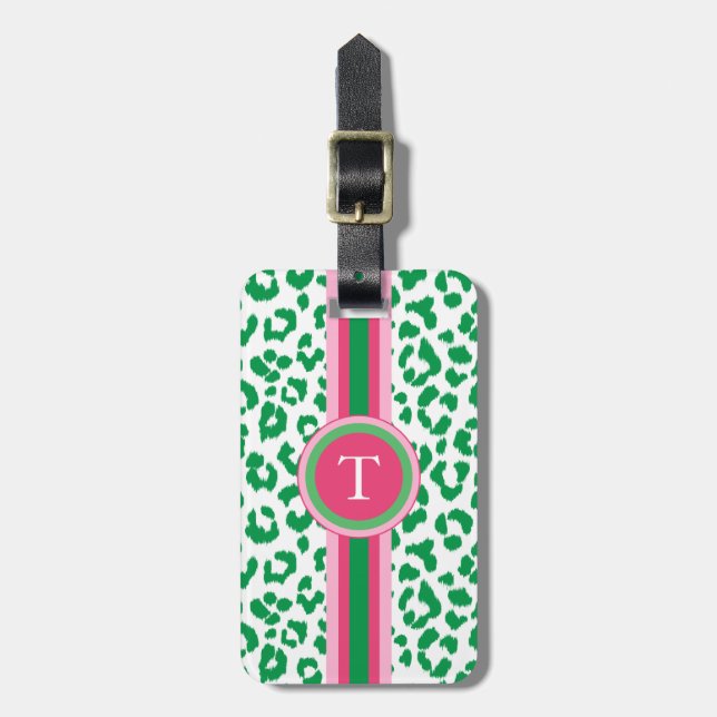 Stylish green leopard print with monogram luggage tag (Front Vertical)