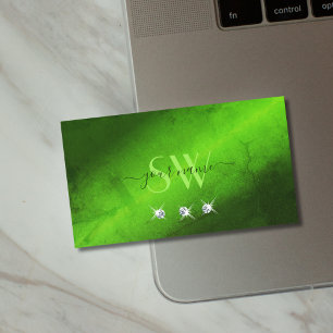 Stylish Green Marble Sparkling Diamonds Monogram Business Card