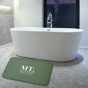 Stylish Green Modern Monogram Initials & Name Bath Mat