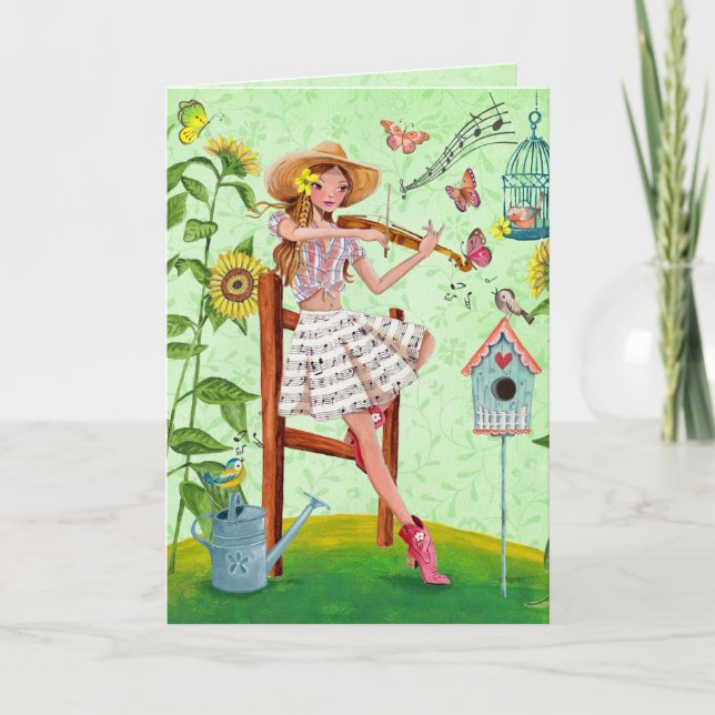 Stylish green music girl & violin summer Greeting Card (Front)