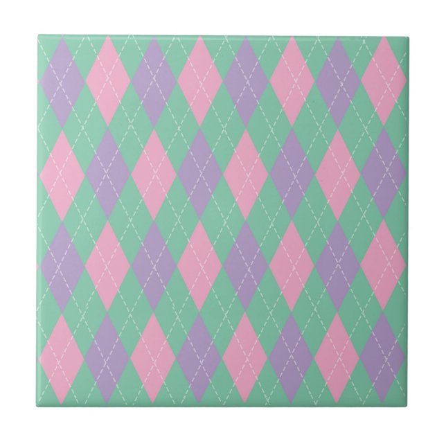 Stylish Green Orange Pink Argyle Pattern Tile (Front)