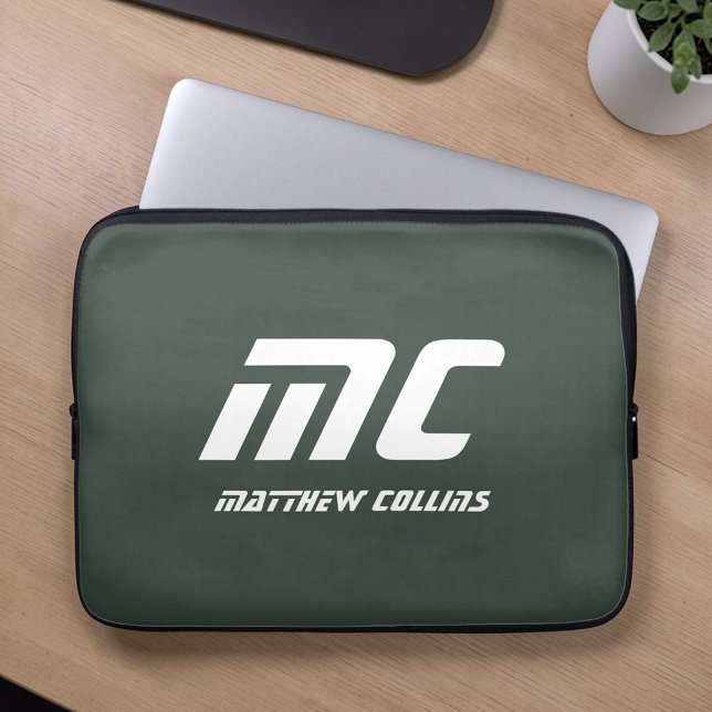 Stylish Green Personalized Monogram Masculine  Laptop Sleeve (Stylish Green Personalized Monogram Masculine Laptop Sleeve)