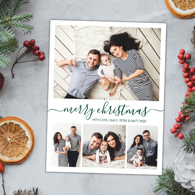 Stylish Green Script 4 Photo Collage Christmas Postcard (Creator Uploaded)