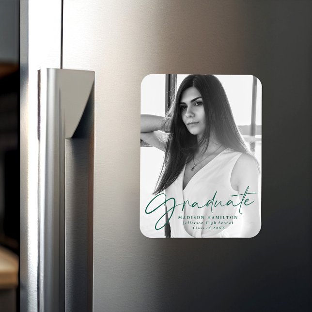 Stylish Green Script Graduation Announcement Photo Magnet (Creator Uploaded)