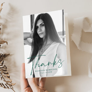 Stylish Green Script Photo Graduation Thank You Card
