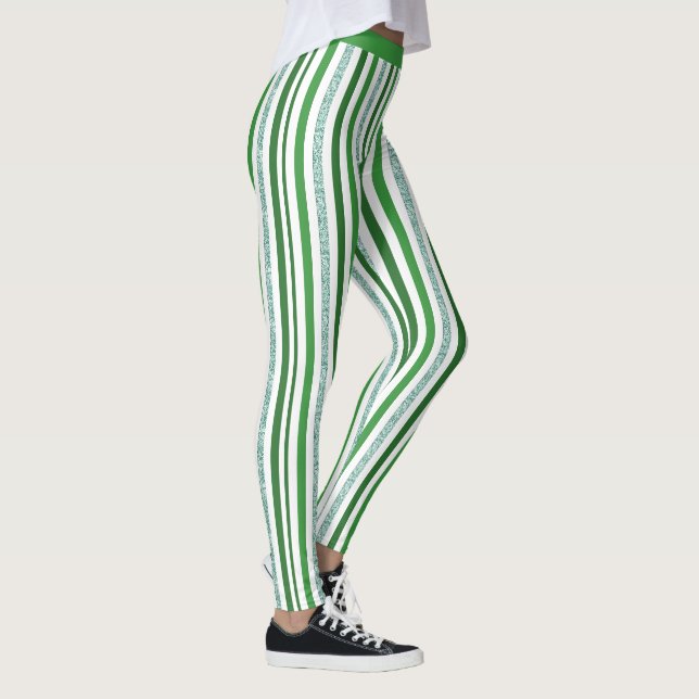 Stylish Green Silver Glitter Stripe Pattern Yoga Leggings (Right)