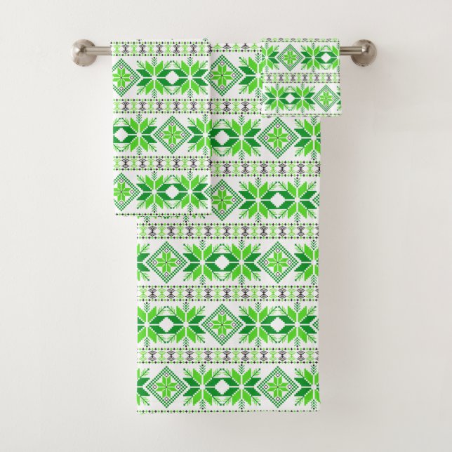 Stylish Green Star Vector Pattern on White Bath Towel Set (Insitu)