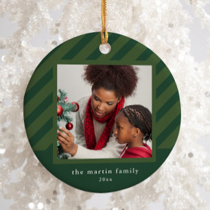 Stylish Green Stripe Simple Photo Christmas Ceramic Ornament