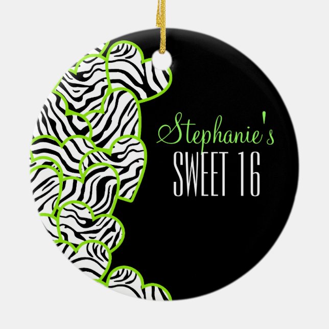 Stylish Green Sweet 16 Zebra Heart Design Name Ceramic Ornament (Back)