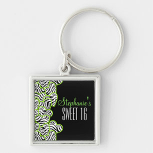 Stylish Green Sweet 16 Zebra Heart Design Name Keychain