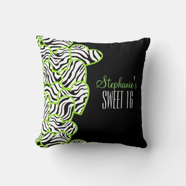 Stylish Green Sweet 16 Zebra Heart Design Name Throw Pillow (Front)