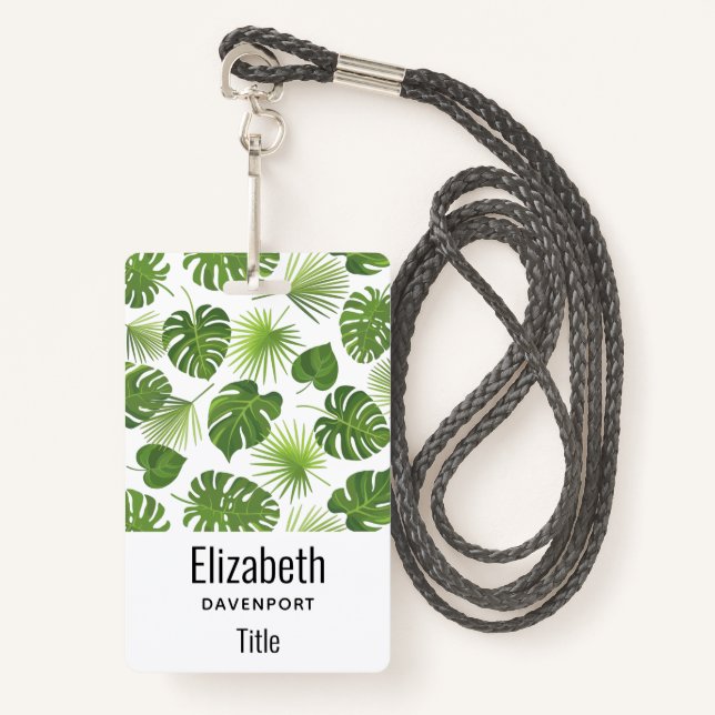 Stylish Green Tropical Leaves Pattern Badge (Front with Lanyard)