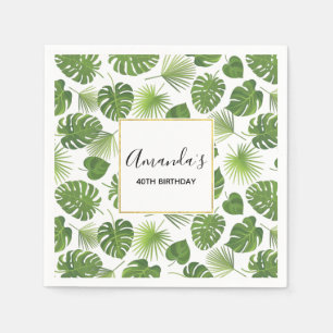 Stylish Green Tropical Leaves Pattern Birthday Napkin