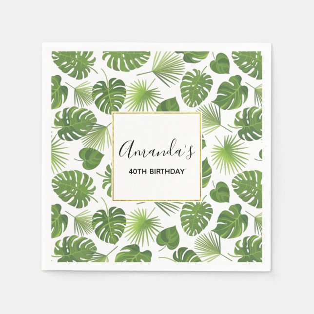 Stylish Green Tropical Leaves Pattern Birthday Napkin (Front)