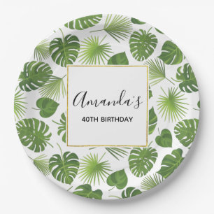 Stylish Green Tropical Leaves Pattern Birthday Paper Plate
