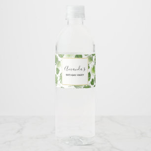 Stylish Green Tropical Leaves Pattern Birthday Water Bottle Label