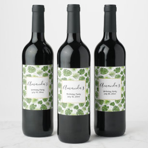Stylish Green Tropical Leaves Pattern Birthday Wine Label