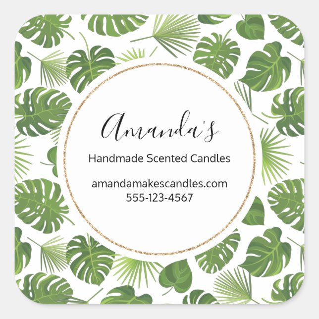 Stylish Green Tropical Leaves Pattern Business Square Sticker (Front)