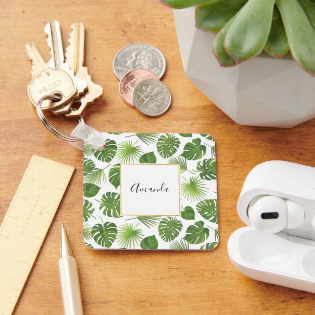 Stylish Green Tropical Leaves Pattern Keychain (Desk)
