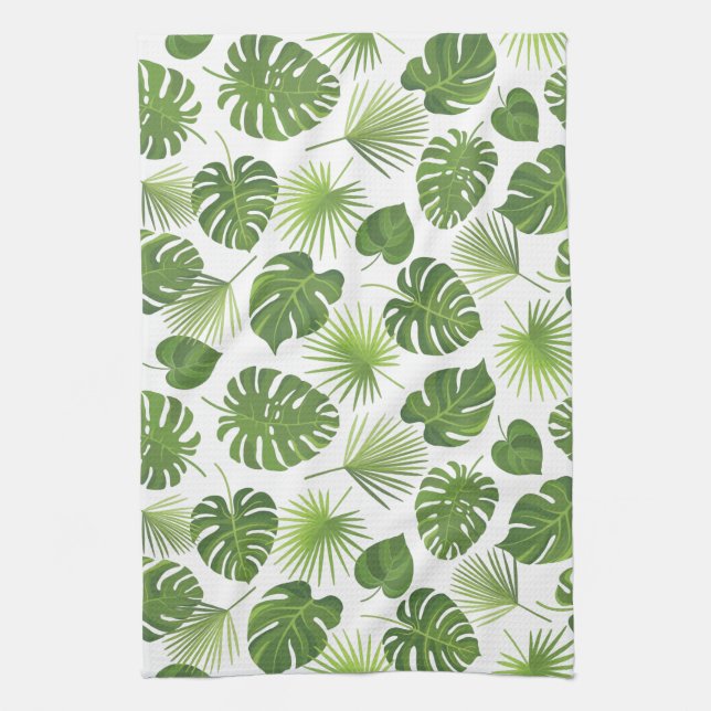 Stylish Green Tropical Leaves Pattern Kitchen Towel (Vertical)
