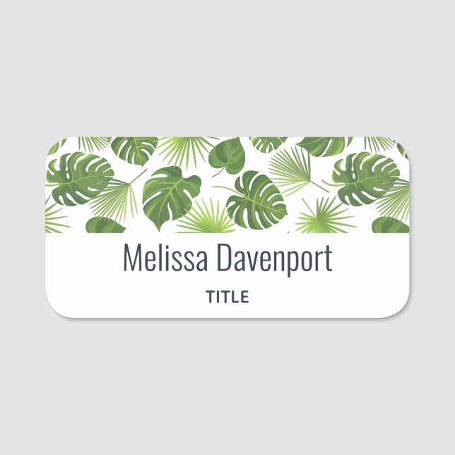Stylish Green Tropical Leaves Pattern Name Tag (Front)