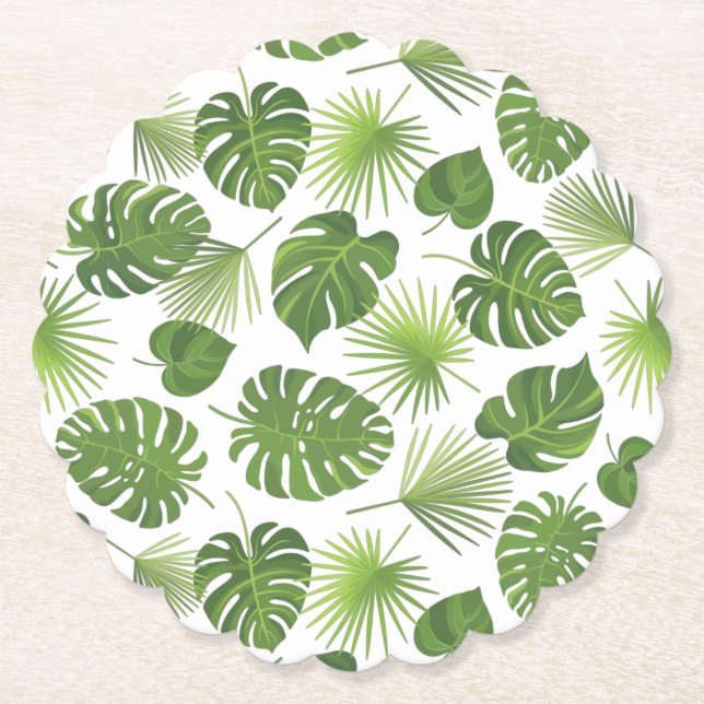 Stylish Green Tropical Leaves Pattern Paper Coaster (Front)