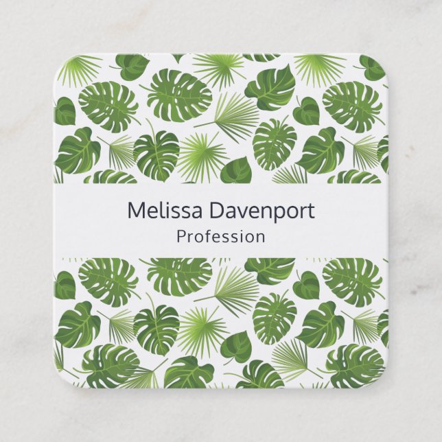 Stylish Green Tropical Leaves Pattern Square Business Card (Front)