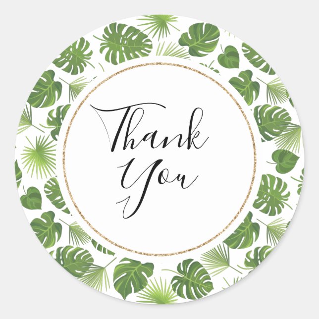 Stylish Green Tropical Leaves Pattern Thank You Classic Round Sticker (Front)