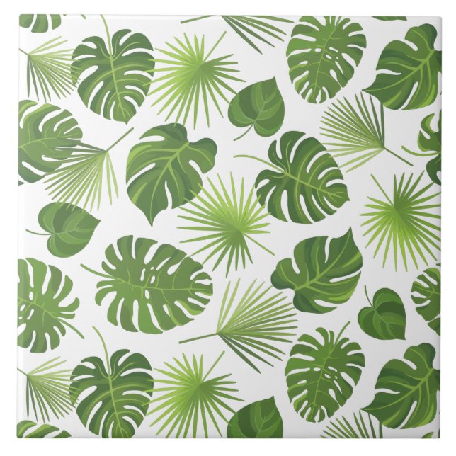 Stylish Green Tropical Leaves Pattern Tile (Front)