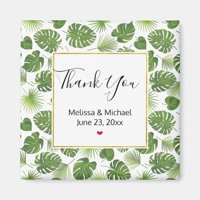 Stylish Green Tropical Leaves Pattern Wedding Magnet (Front)