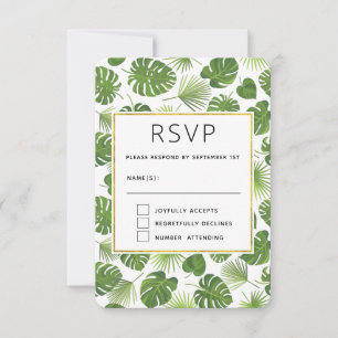 Stylish Green Tropical Leaves Pattern Wedding RSVP Card