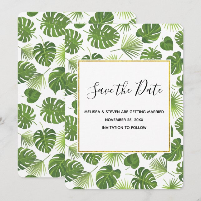 Stylish Green Tropical Leaves Pattern Wedding Save The Date (Front/Back)