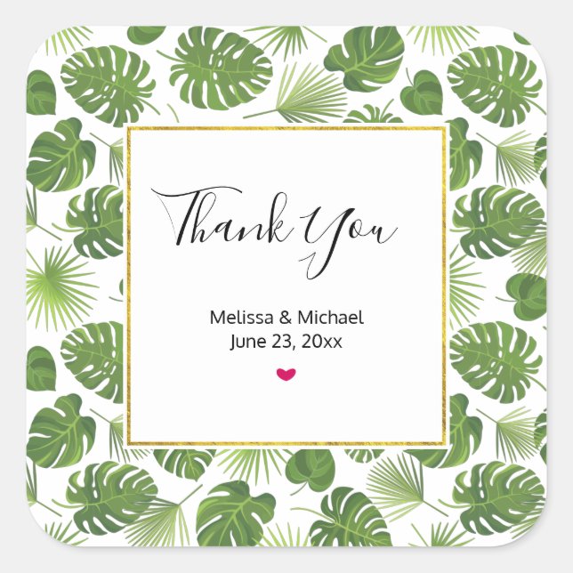 Stylish Green Tropical Leaves Pattern Wedding Square Sticker (Front)