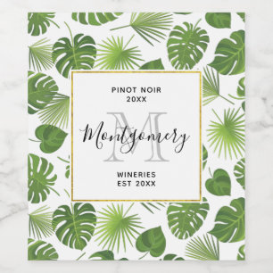 Stylish Green Tropical Leaves Pattern Wine Making Label