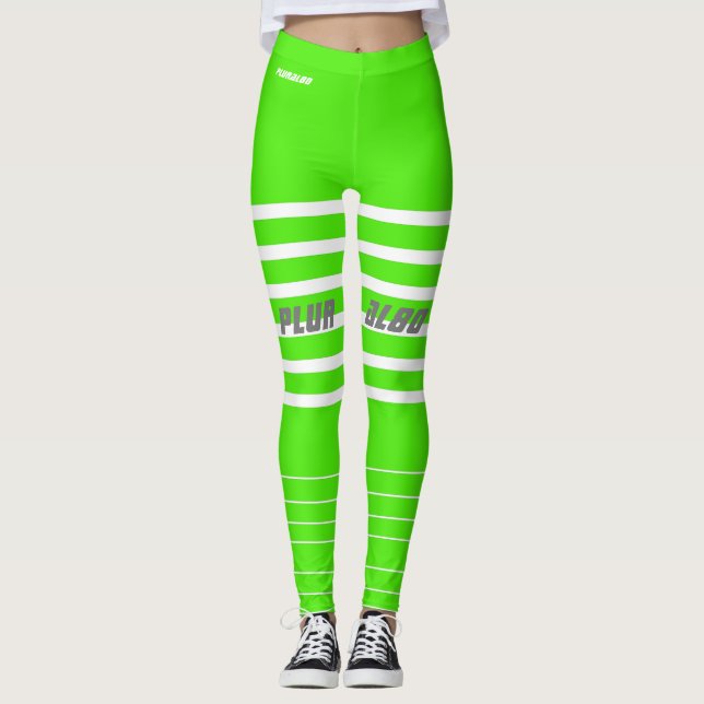 Stylish green white monogrammed workout leggings (Front)