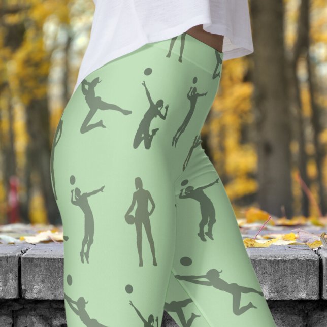 Stylish Green Womens Volleyball Pattern Leggings (Womens Volleyball on Pale Green Leggings)