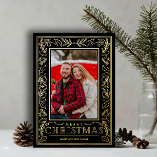 Stylish Greenery Christmas Photo Gold Foil Holiday Card