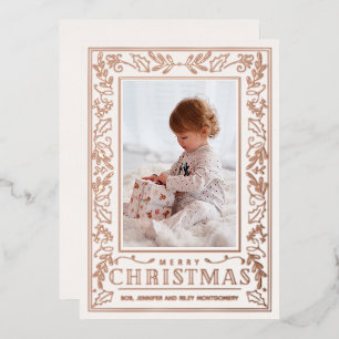 Stylish Greenery Christmas Photo Rose Gold Foil Holiday Card