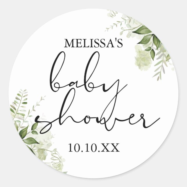 Stylish Greenery Floral Baby Shower Favour Classic Round Sticker (Front)