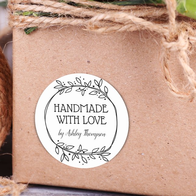 Stylish Greenery Handmade With Love Name Classic Round Sticker (Stylish Greenery Handmade With Love Name Classic Round Sticker)