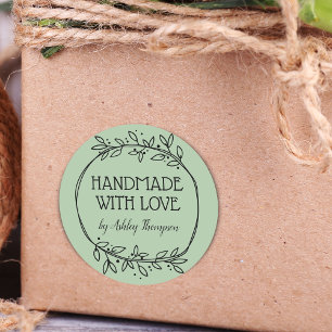 Stylish Greenery Handmade With Love Name Green Classic Round Sticker