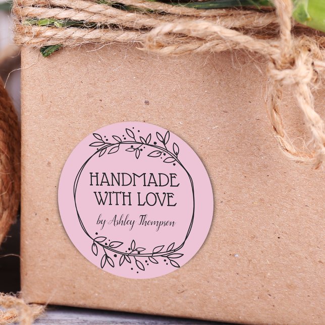 Stylish Greenery Handmade With Love Name Pink Classic Round Sticker (Stylish Greenery Handmade With Love Name Pink Classic Round Sticker)