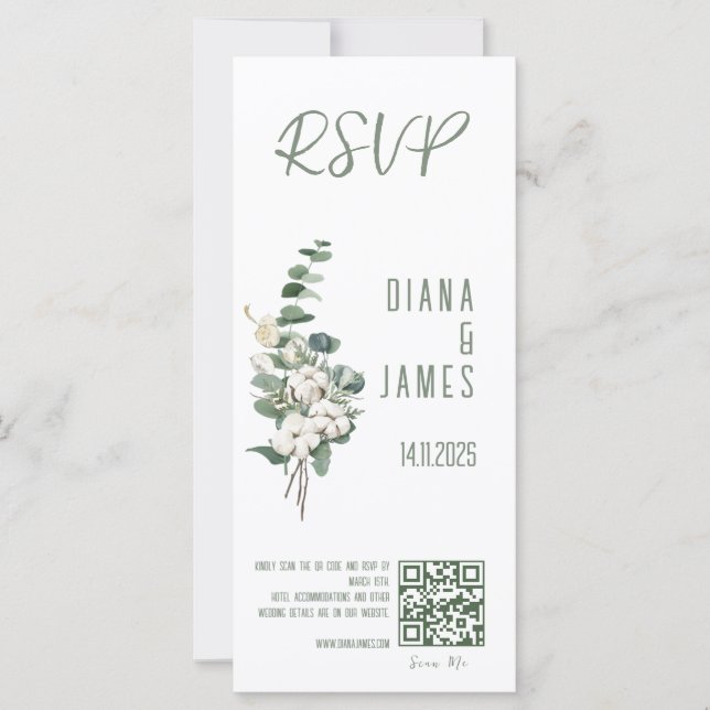 Stylish Greenery Leaves Wedding RSVP QR code (Front)